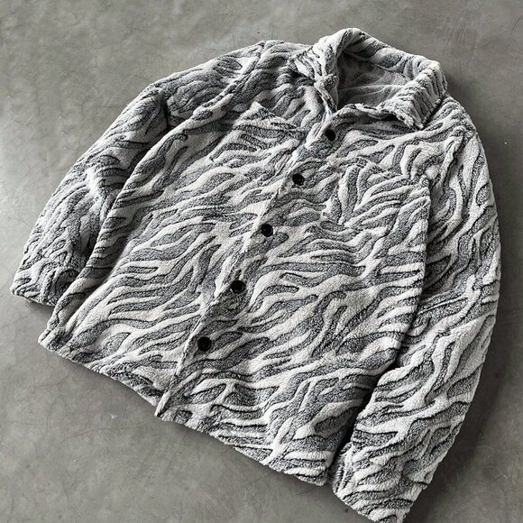 Multicolor Casual Men's Zebra Print Fleece Jacket - Picture 3 of 8